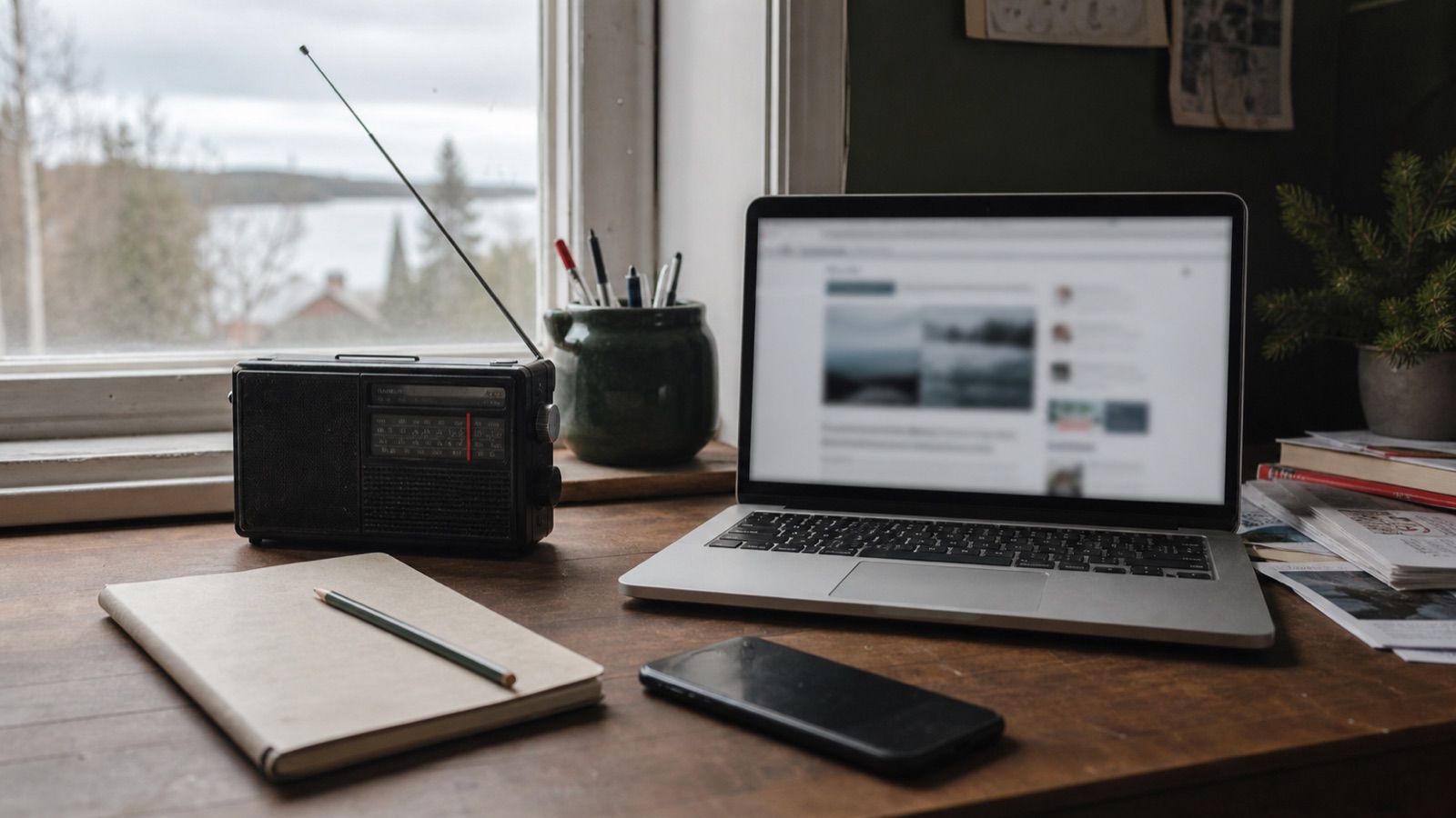 Radio, muistikirja, puhelin ja kannettava tietokone julkisten hälytystietojen tarkistamista varten